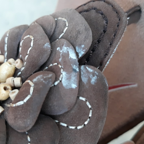 Klogs Size 8 Floral Beaded Brown Leather Faux Wooden Wedge Thong Clog Sandals - Picture 14 of 17